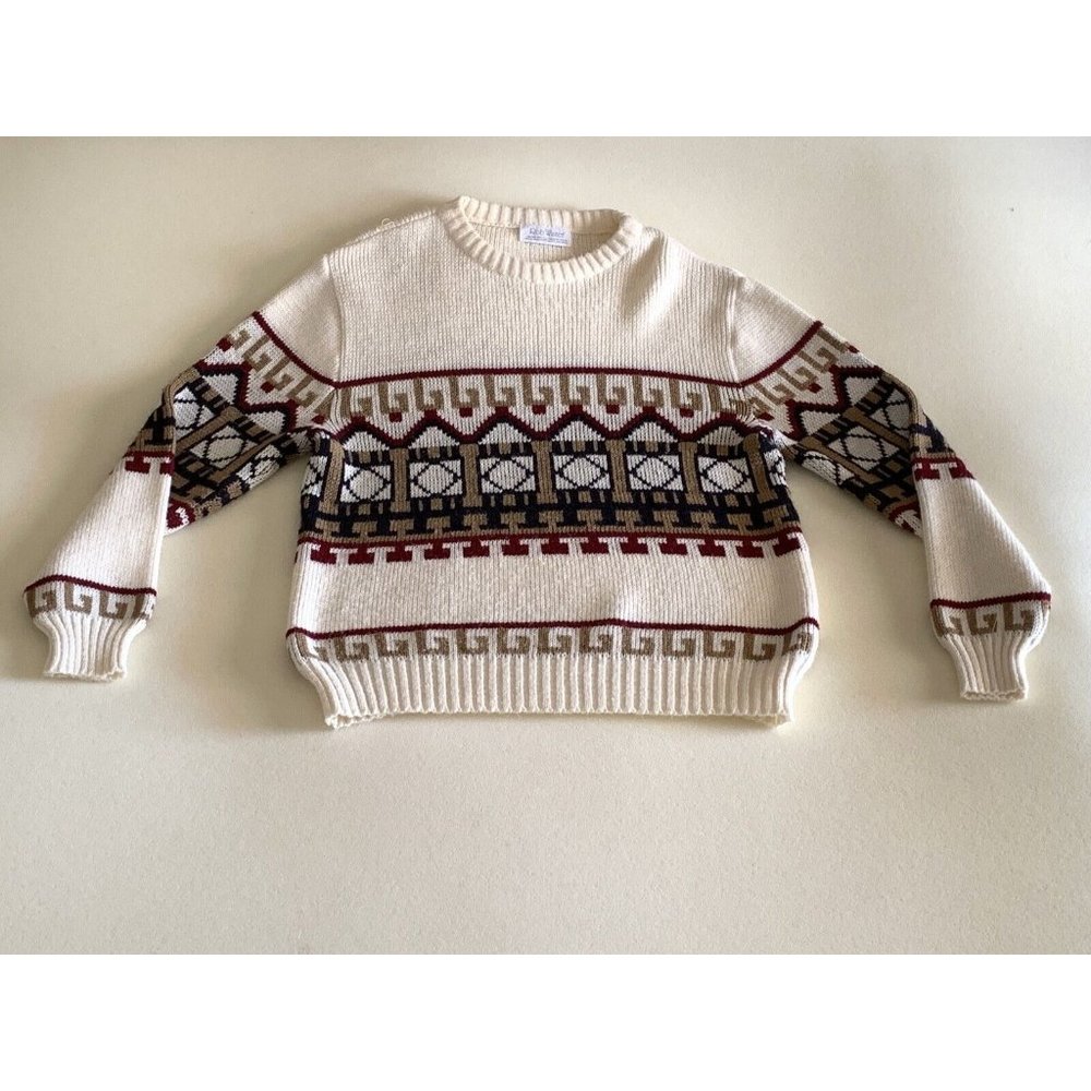 Rob Winter Men's Sweater. Medium. Beige w/ Blue, Gold, Maroon. Acrylic.